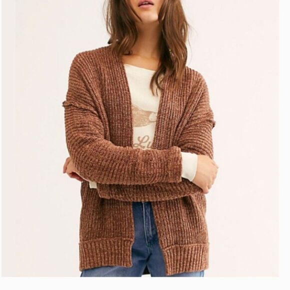 FREE PEOPLE High Hopes Chunky Knit Cardigan Brown Size Small - Picture 1 of 9